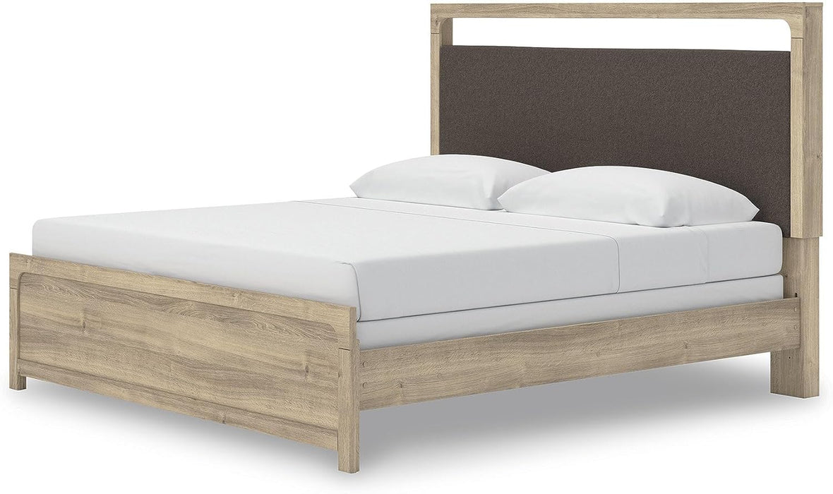 Signature Design by Ashley Hollymount King Size Bedframe, Bed Frame with Upholstered Panel Headboard, Touch LED Lighting with 3 Brightness Levels, Warm Oak Finish