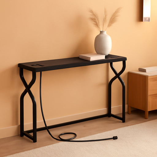 44.9" Sofa Table, 9.4" Narrow Console Table with Charging Station, Couch Table behind Sofa with Outlet, Entryway Table with Display Shelf, Living Room, Black CTHB113E01