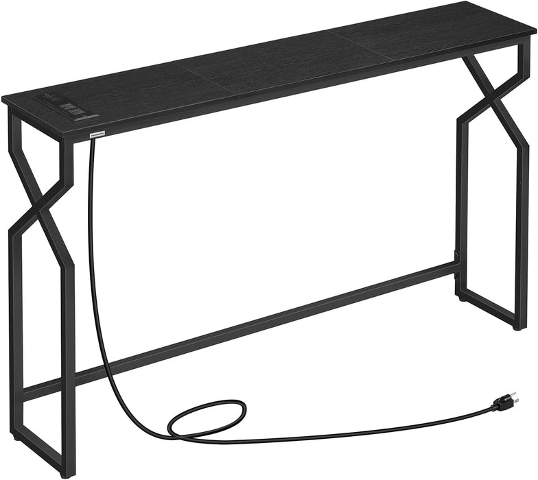 44.9" Sofa Table, 9.4" Narrow Console Table with Charging Station, Couch Table behind Sofa with Outlet, Entryway Table with Display Shelf, Living Room, Black CTHB113E01