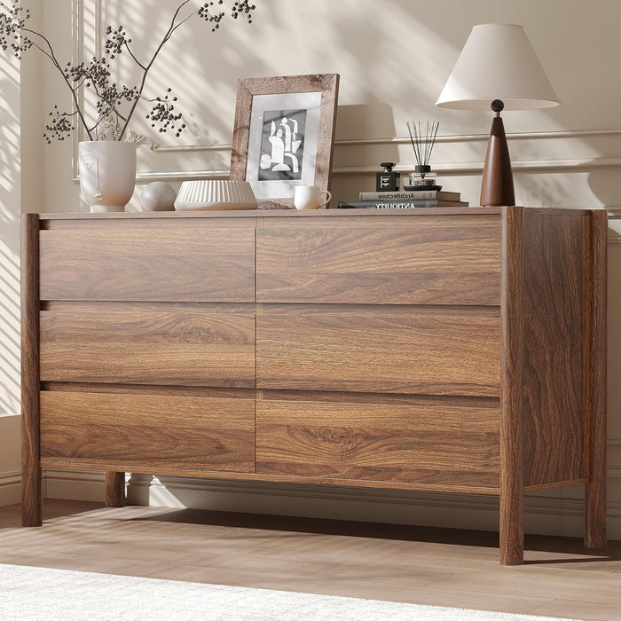 Walnut 6 Drawers Dresser for Bedroom, 47.2" Wide Mid Century Modern Chest of Drawers with 4 Solid Wood Cylindrical Legs and Large Storage Space, Large Dresser for Bedroom