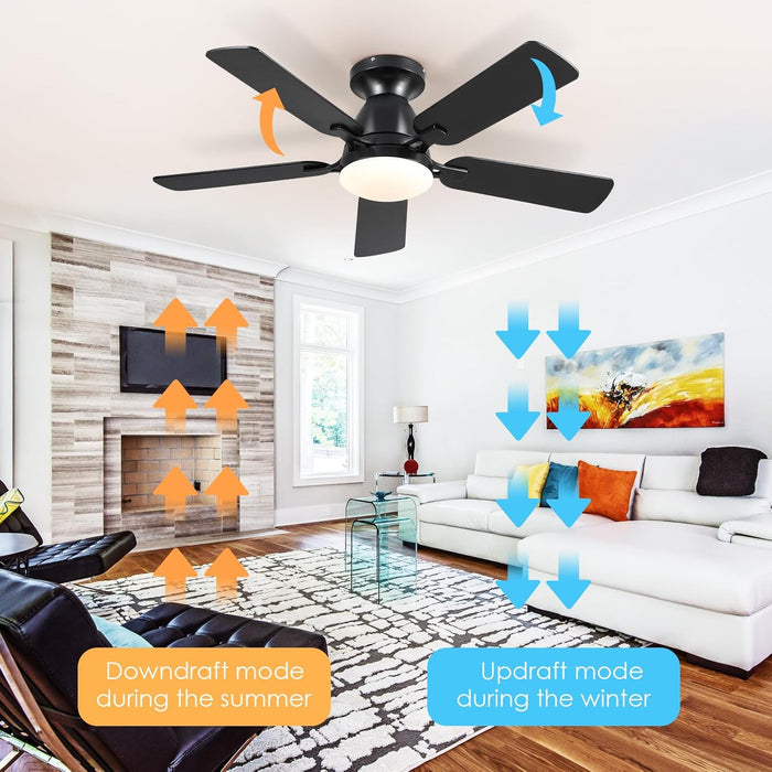 Ceiling Fans with Lights- 46" RGB Low Profile Indoor Ceiling Fan with Light and Remote/App Control, Flush Mount, LED Dimmable DC Reversible Modern Ceiling Fan for Bedroom（Black