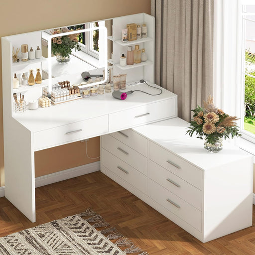 Vanity Desk with LED Light Mirror & Power Outlet, 8 Drawers, 6 Storage Shelves, 3 Color Modes & Adjustable Brightness Makeup Vanity, Corner Vanity, L Shape Vanity, 39.4”-64.9" Desk, White