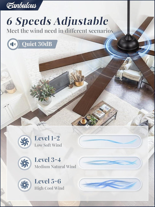 72 Inch Ceiling Fan No Light, Black Ceiling Fan with Remote, 6-Speeds, Quiet Reversible DC Motor, Industrial Ceiling Fans without Lights for Living Room, Garage, Patio, Indoor/Outdoor Use