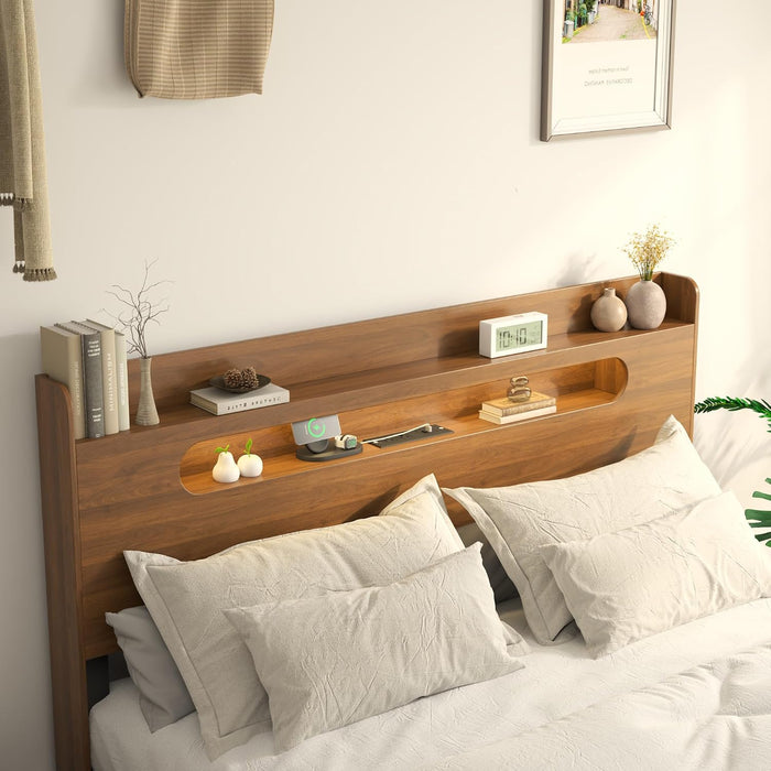 Wooden Queen Bed Frame with Storage Headboard, Farmhouse Platform