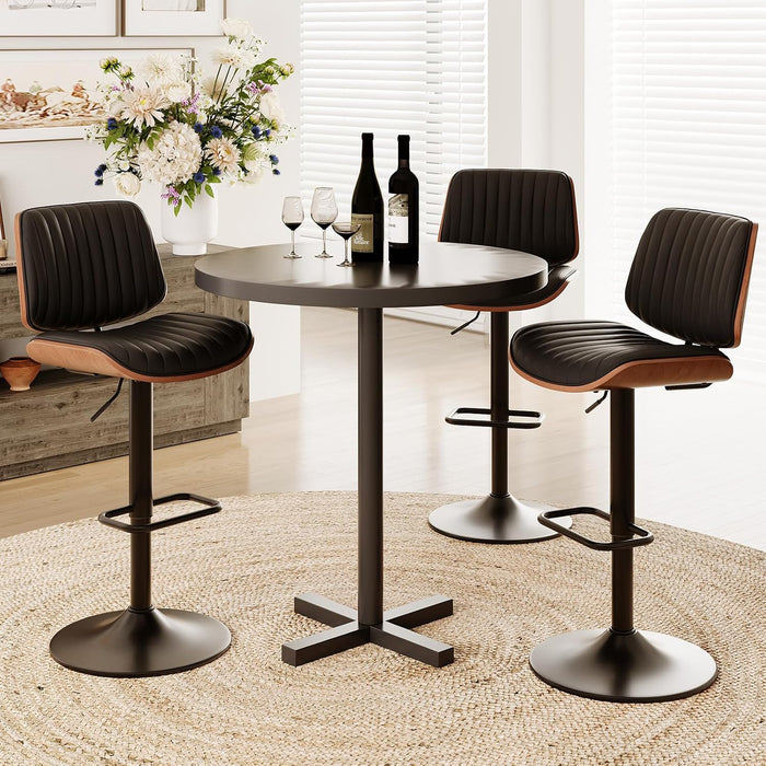 Bar Stools Set of 3, Adjustable Counter Height Bar Chairs 26"-34.5" with Swivel & Footrest, Modern Faux Leather Barstools for Kitchen Island, Dining Room,Pub,Black