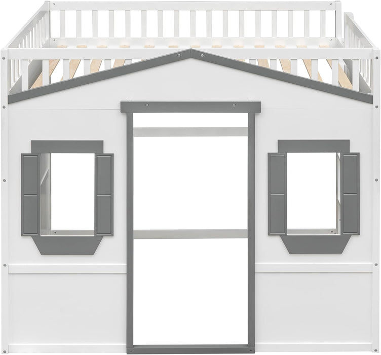 Full Size Wood House Loft Bed with Ladder, Kids Playhouse Bed with Window for Girls Boys, White+Gray