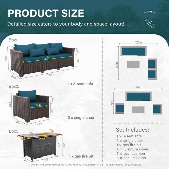 4 Piece Patio Furniture Set 45In Fire Pit Table Outdoor Furniture Sets Patio Couch Outdoor Chairs 50000 BTU Propane Fire Pit with No-Slip Cushions and Waterproof Covers, Peacock Blue