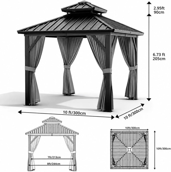 10'X10' Hardtop Gazebo with Curtains and Netting, Galvanized Aluminum Double Layer Iron Roof Weather Resistant, Spacious, Easy Assembly, Patio Gazebo for Patio, Garden and Lawn