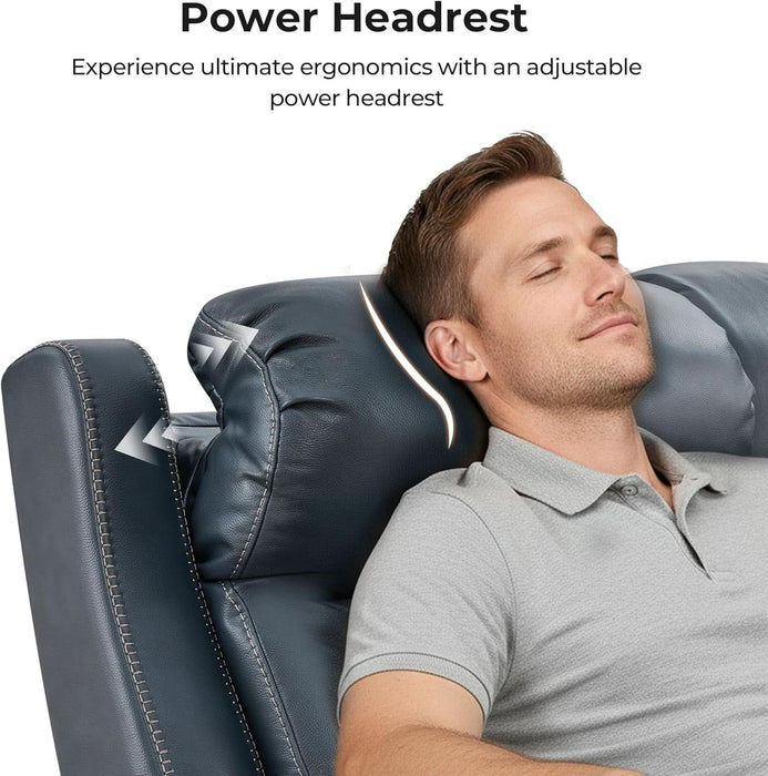 Genuine Leather Power Recliner Sofa, Wall Hugger Reclining Sofa with Power Headrest, Dual Motor, USB Charging Ports, Recliner Couch for Living Room, RV, Leather in Navy