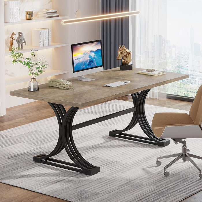 63" Large Office Desk, Modern Executive Desks with Stylish Legs, Wood Computer Desk, Business Furniture Work Desk for Home Office (Grey and Black)