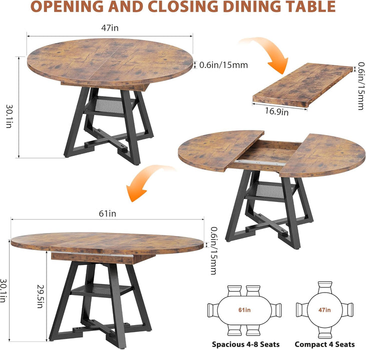 61'' Extendable Dining Table for 4 6 8, round Dining Room Table with Removable Leaf & Storage Shelf, Expandable Oval Kitchen Table with Pedestal Base, Modern Industrial Space Saving（Vintage）