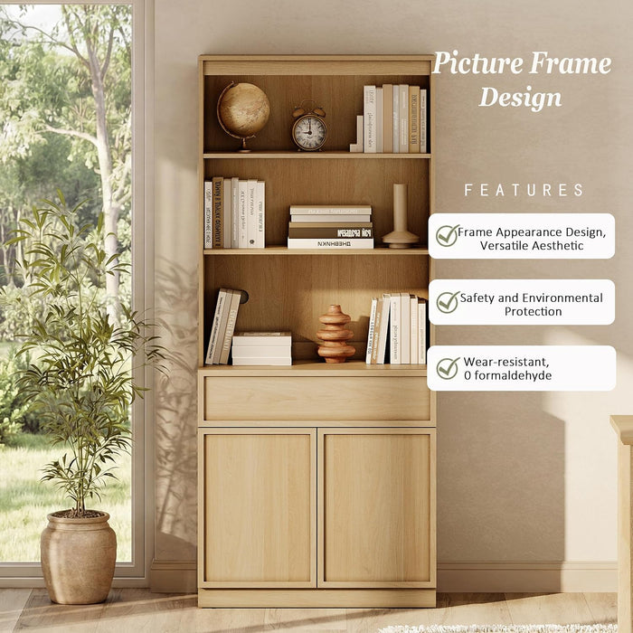 Modern 72" Tall Bookshelf with Doors, Drawers & Adjustable Shelves, Library Bookcase with Storage Cabinet and Open Shelving, Wood Bookcase for Home Office, Living Room, Oak, 1 PC