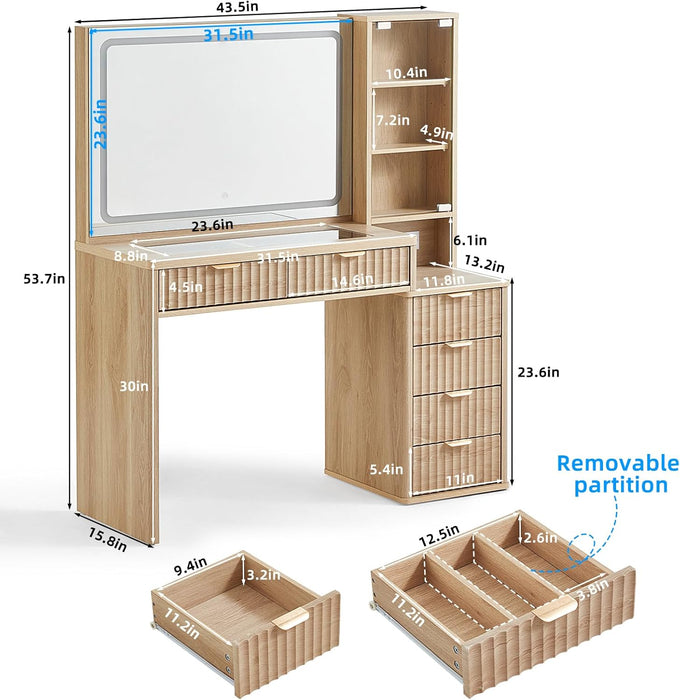 Vanity Desk with Mirror and Lights, 43.5'' Fluted Makeup Vanity with 6 Drawers and Adjustable Shelves, Natural Wood Make up Vanity Dressing Table with Glass Top and Power Outlet for Bedroom