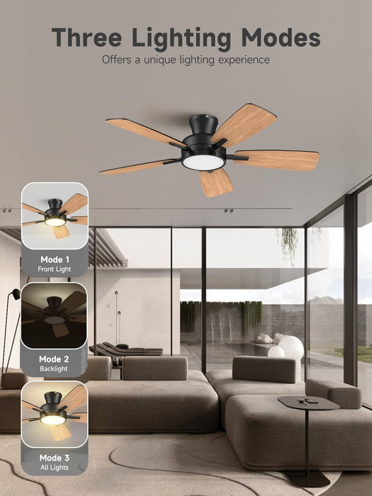 Ceiling Fans with Lights and Remote, 46 Inch Low Profile Ceiling Fan with Light, Flush Mount, Reversible, 3CCT, Dimmable Black Modern Ceiling Fan for Bedroom, Living Room, Outdoor Patio