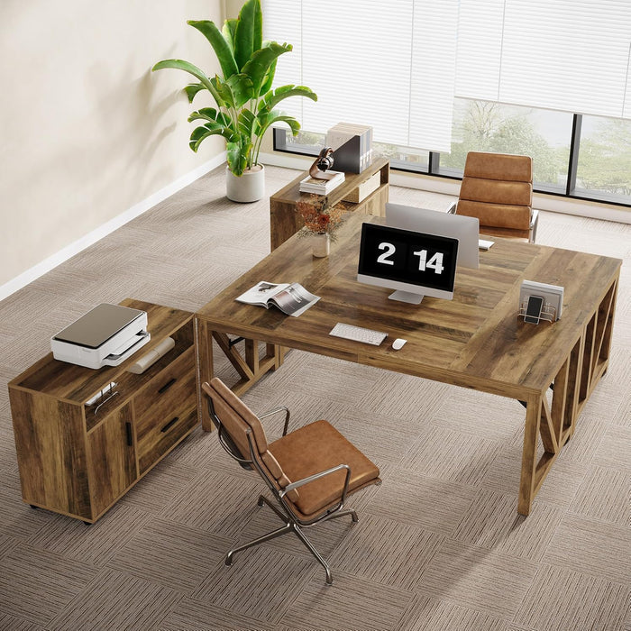 63" L Shaped Executive Desk & 39" File Cabinet Set, Corner Computer Desk with Ample Storage, Large Industrial Retro Office Desk with Drawers & Shelves, for Home & Business, Rustic Brown