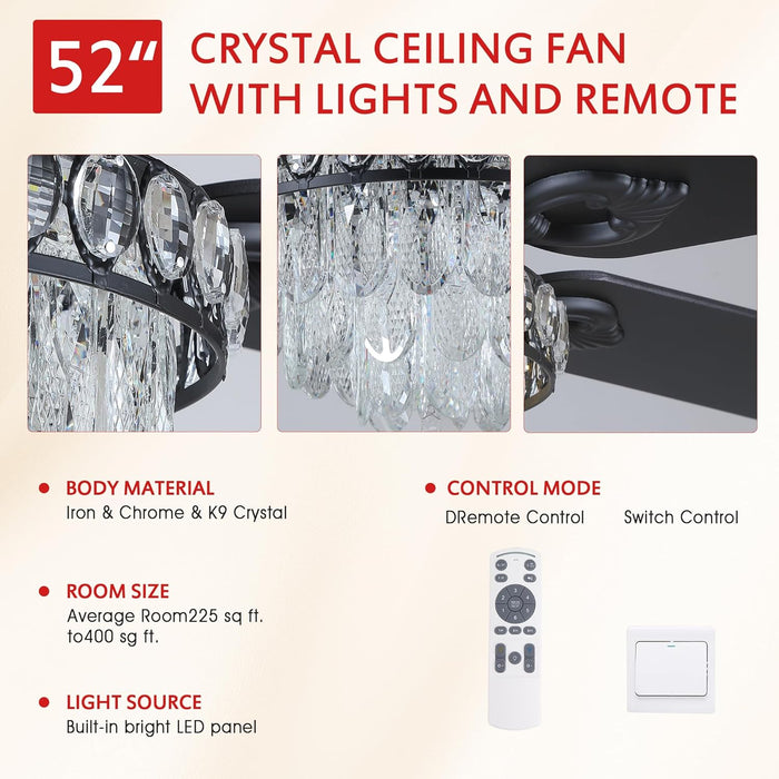 Crystal Ceiling Fan Fandelier with Lights-Ceiling Fans with Remote Control,Modern Ceiling Fan with Noiseless DC Reversible Motor,Dining Room,Living Room(52" Black)