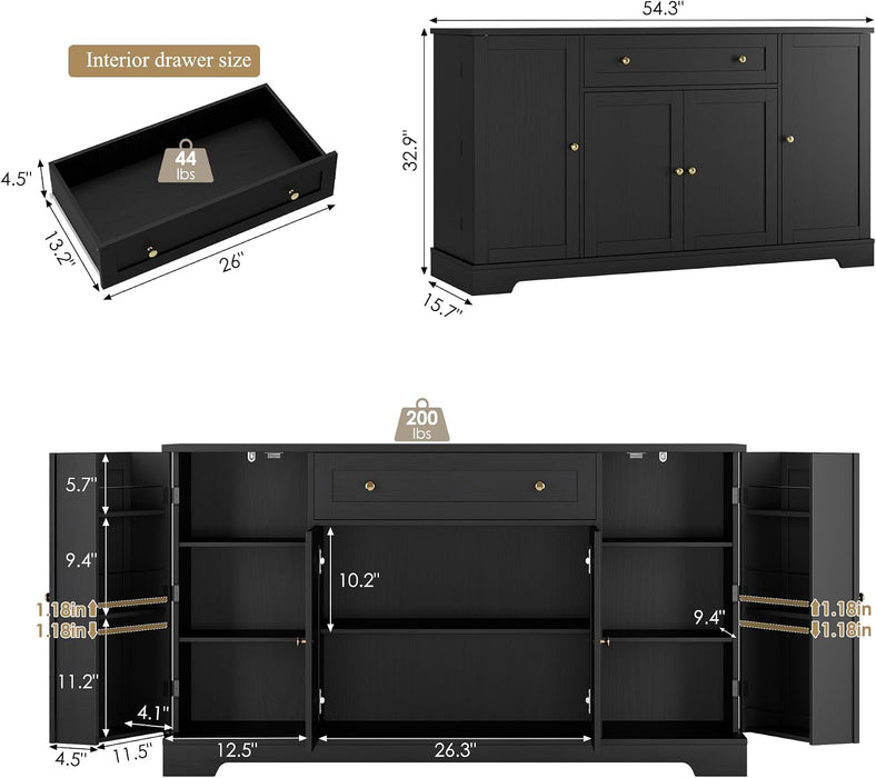 54Inch Black Contemporary Buffet Cabinet With Drawers