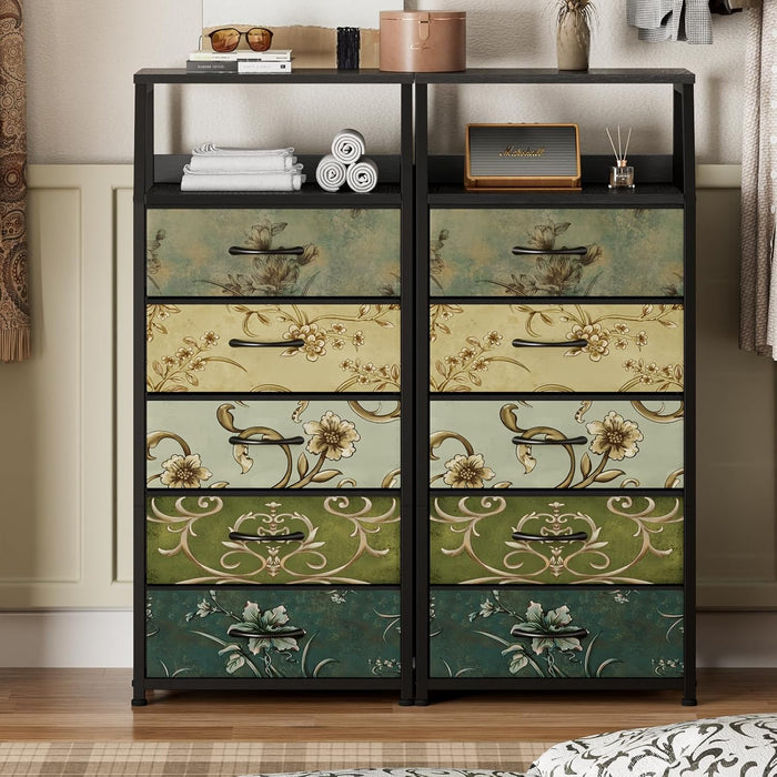 Retro 5 Drawers Dresser, Tall Dressers for Bedroom, Closet, Hallway, Nursery, Fabric Storage Tower Organizer, Vertical Nightstand Side Table Furniture, Steel Frame, Wood Top