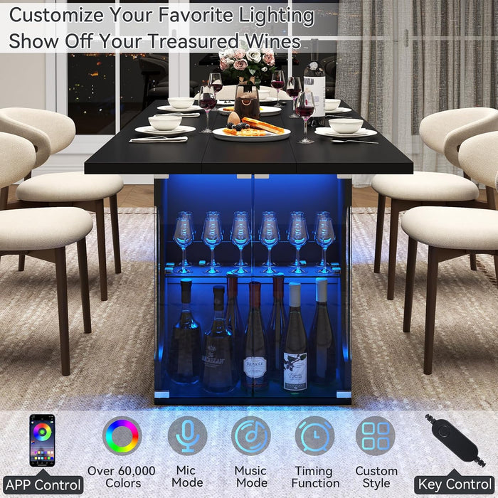 70.8" Large Dining Table with Glass Storage Cabinet & LED Lights, Modern Kitchen Table for 4-8, Rectangle Dining Room Table, Long Dinner Tables for Kitchen,Living Room(Black)