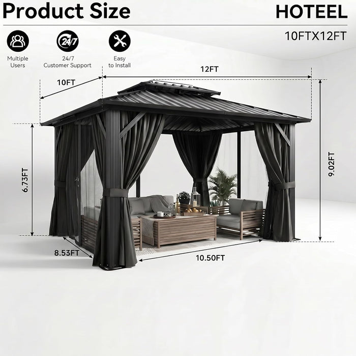 10X12 Hardtop Gazebo on Clearance with Galvanized Steel Double Roof,Heavy Duty Gazebo with Flame-Retardant Curtain & Netting, Aluminum Frame Outdoor Canopy for Patio, Party, Black