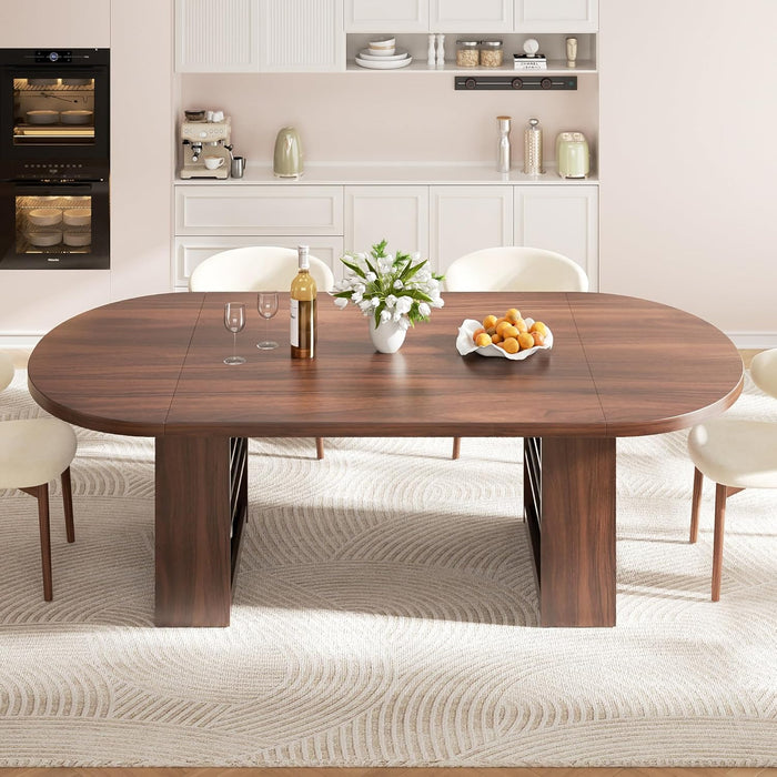 78.7" Dining Table for 6-10 People, Oval Dining Room Table with 3-Tier Storage Shelf, Modern Wood Kitchen Tables with Heavy Duty Pedestal Base for Home, Dining Room, Walnut