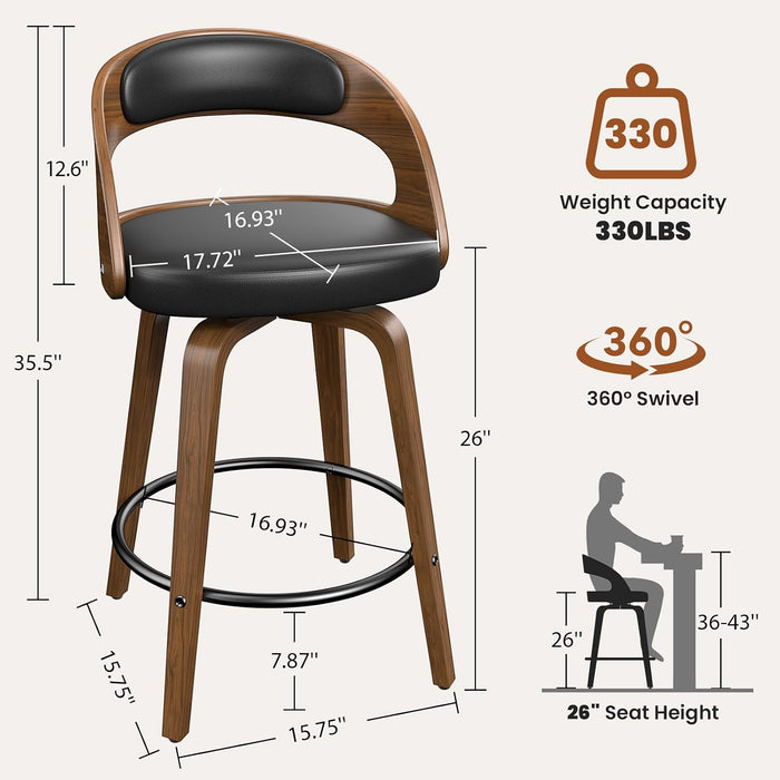 Swivel Bar Stools Set of 2, 26" Counter Height Bentwood Barstool | Mid-Century Modern PU Leather Upholstered Bar Chair with Back and Footrest, for Kitchen Island, Bar, Dining Room, Cafe, Black