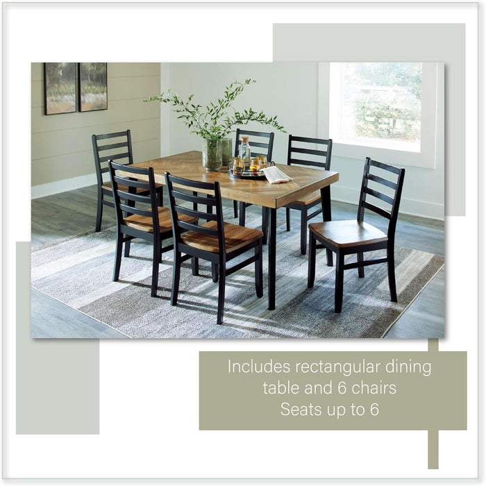 Blondon Rectangular Dining Room Table Set with 6 Chairs, Chevron Pattern, Tapered Legs, Seats 6, Wood, 60" Long, Brown & Black