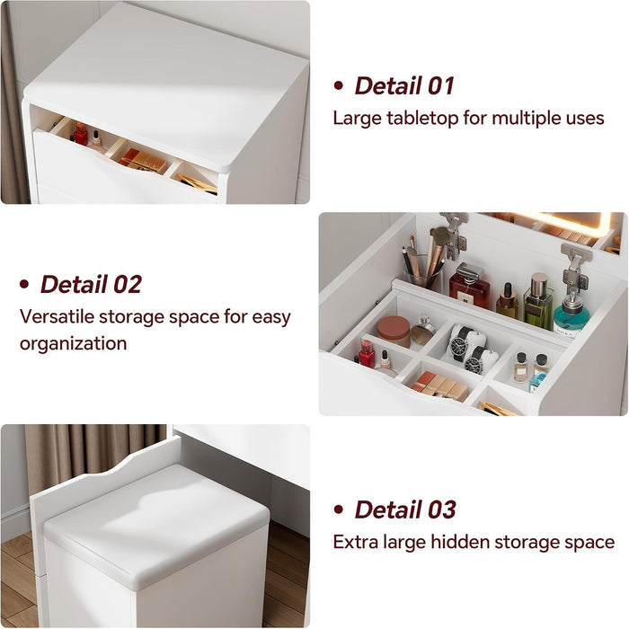 Compact Vanity Desk with Mirror and Lights, 19 Inch Hidden Makeup Vanity Cabinet with Storage Drawers & Shelves, Small Vanity Table for Bedroom, Flip Top Vanity for Small Spaces, White