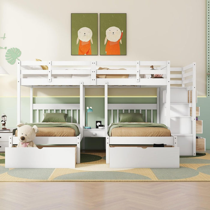 Triple Bunk Beds with Drawers, Wood Full over Twin & Twin Bunk Bed with Storage Staircase, Triple Bed for Kids,3 Bed Bunk Beds with Storage for Girls Boys,White