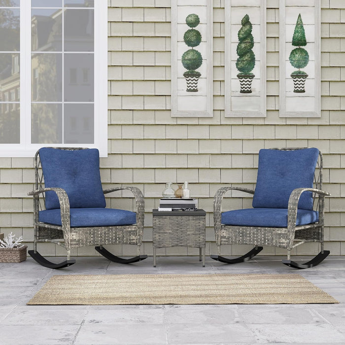 3 Piece Wicker Patio Furniture Set, PE Rattan Rocking Chairs with Coffee Table, Cushions, Outdoor Bistro Set for Porch, Garden, Poolside, Gray
