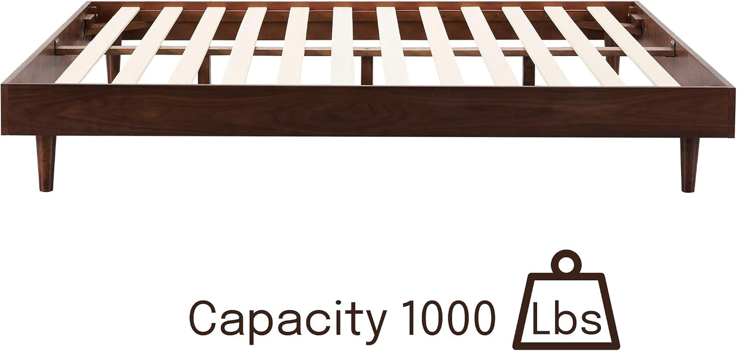 Fly Wooden Bed Frame without Headboard, Crafted from Walnut, Rubber Wood with Silent Slats and Wood Central Supports, 1000 Lb Capacity, Effortless Assembly, Queen - Dark Walnut