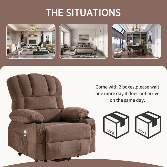 Power Lift Recliner Chair for Elderly, Electric Recliners with Heat and Massage, USB Charge Port, Cup Holders, Infinite Position and Side Pockets, Fabric Single Sofa for Living Room, Brown