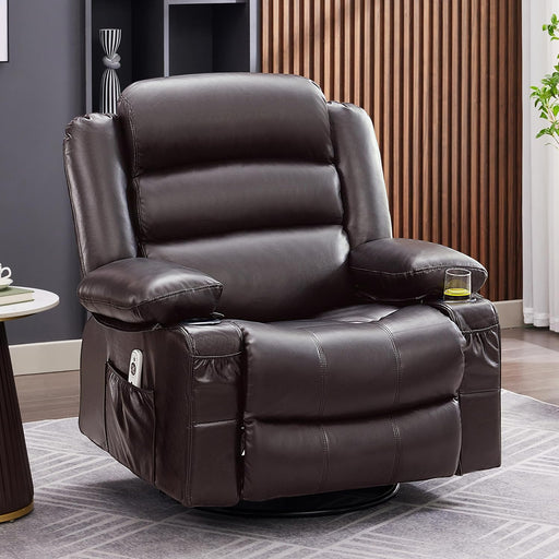 Rocker Recliner Chair with Heat and Massage, 360° Swivel Recliner Chairs for Adults, Oversized Recliner Single Sofa Seat with Cup Holders, Lazy Boy Recliner Single Sofa Seat, Darkbrown