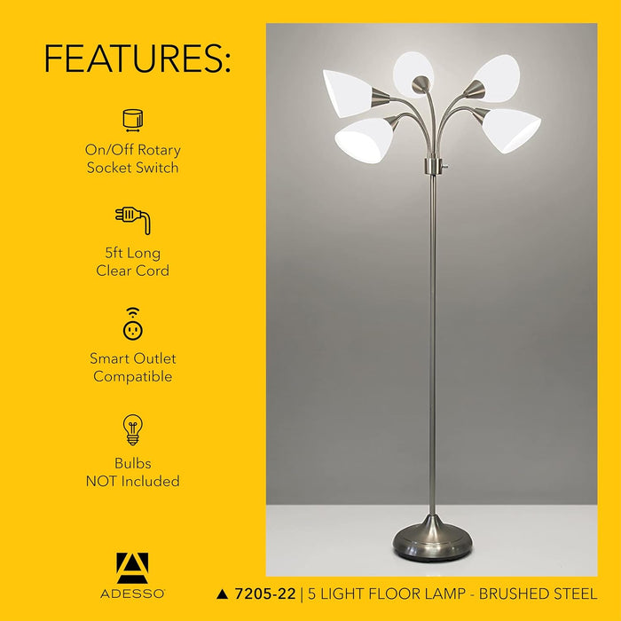 Floor Lamp with 5 Movable Shades & Adjustable Brightness – Perfect Lighting for Bedroom Decor, Beauty & Art Studio, Silver