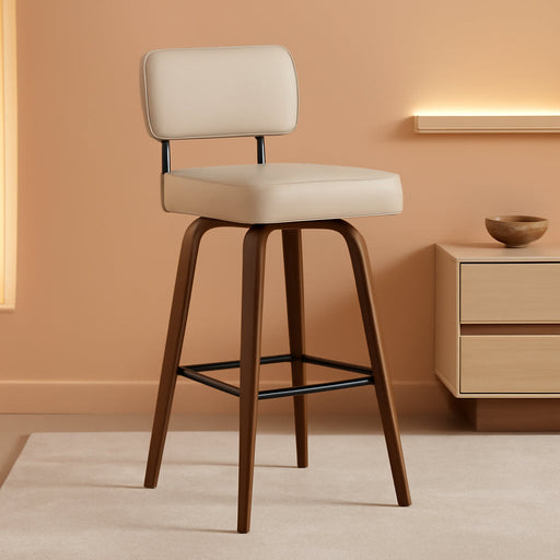 Swivel Bar Stools Set of 2, 26" Upholstered Modern Faux Leather Counter Height Barstools with Walnut Back & Bentwood Legs, Mid Century Bar Chairs Island Stools for Kitchen Counter, Beige Grey