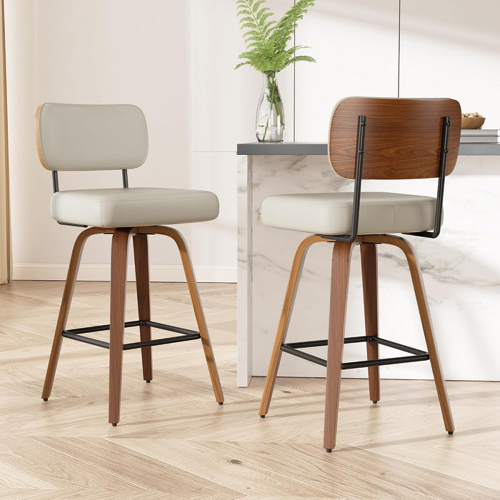 Swivel Bar Stools Set of 2, 26" Upholstered Modern Faux Leather Counter Height Barstools with Walnut Back & Bentwood Legs, Mid Century Bar Chairs Island Stools for Kitchen Counter, Beige Grey