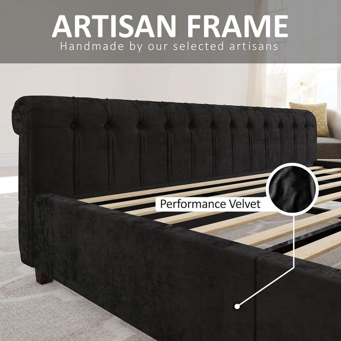 Queen Size Platform Bed Frame, Velvet Upholstered Sleigh Bed with Scroll Wingback Headboard Footboard/Button Tufted/No Box Spring Required/Easy Assembly/Black