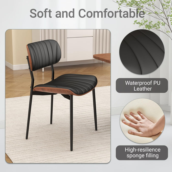 Mid Century Modern Dining Chairs Set of 2,Upholstered Faux Leather Kitchen Chairs with Walnut Bentwood Back and Metal Legs for Kitchen Dining Room Living Room, Black