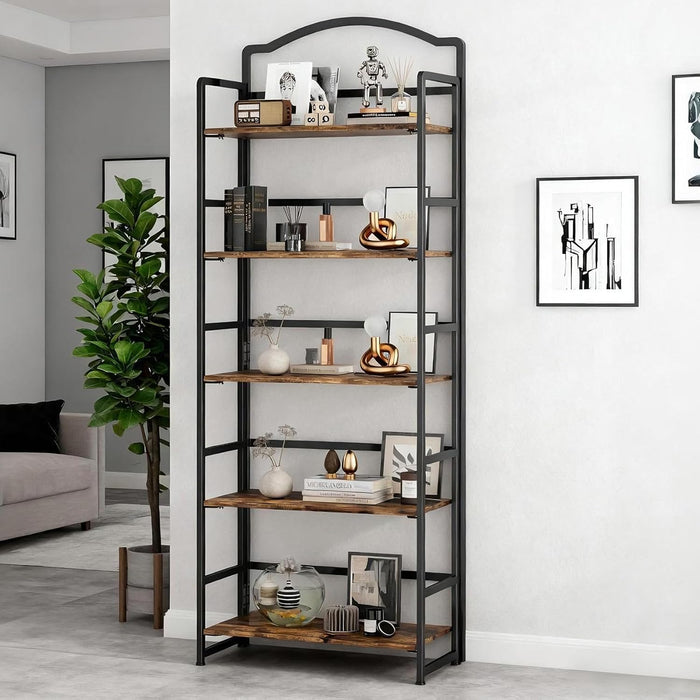 5 Tier No Assembly Folding Bookshelf, Arched Bookshelf, Foldable Bookcase for Living Room, Bedroom, Office,Skinny Bookshelf (Fire Brown)