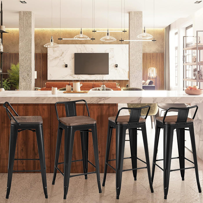 30" Metal Barstools Set of 4 Bar Height Bar Stools with Wooden Top Low Back Industrial Bar Stools Metal Stool for Indoor-Outdoor Counter Stools with Wooden Seat Matte Black