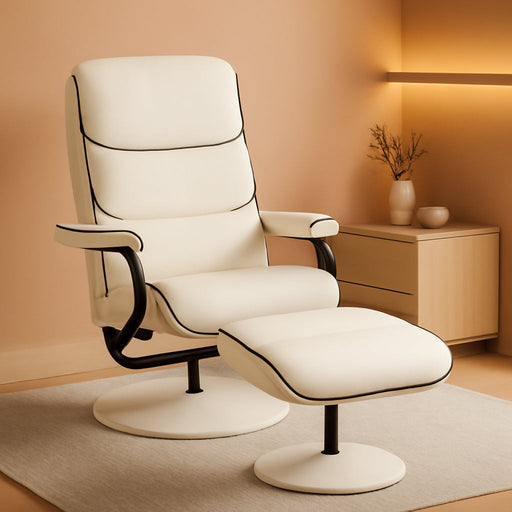 Recliner Chair with Ottoman, PU Leather Swivel High Back Armchair W/Footrest, 135° Adjustable Backrest and Thick Foam Padding, Cream White
