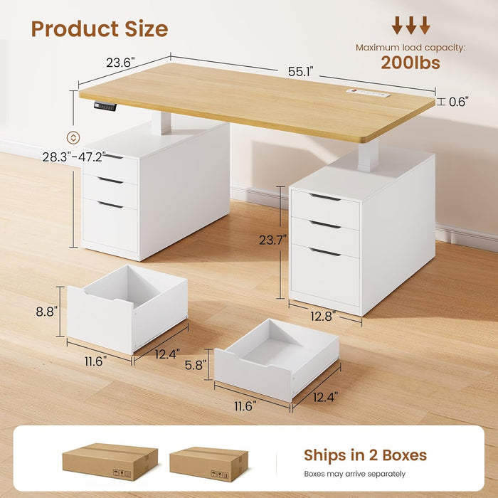 Electric Standing Desk with 6 Drawers, 55" Adjustable Stand up Desk with Storage, Computer Desks with Power Outlets for Home Office, White + Oak