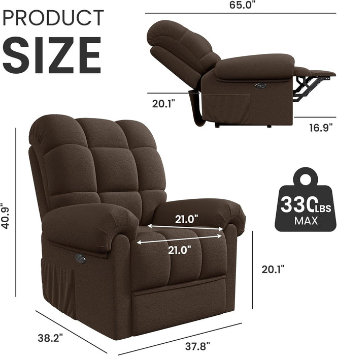 2024 New Power Recliner Chair for Adults, Adjustable Electric Chair Power Reclining Sofa, USB Port, Ultra-Comfy Teddy Fleece Recliner for Living Room, Tool-Less Assembly Single Sofa, Coffee