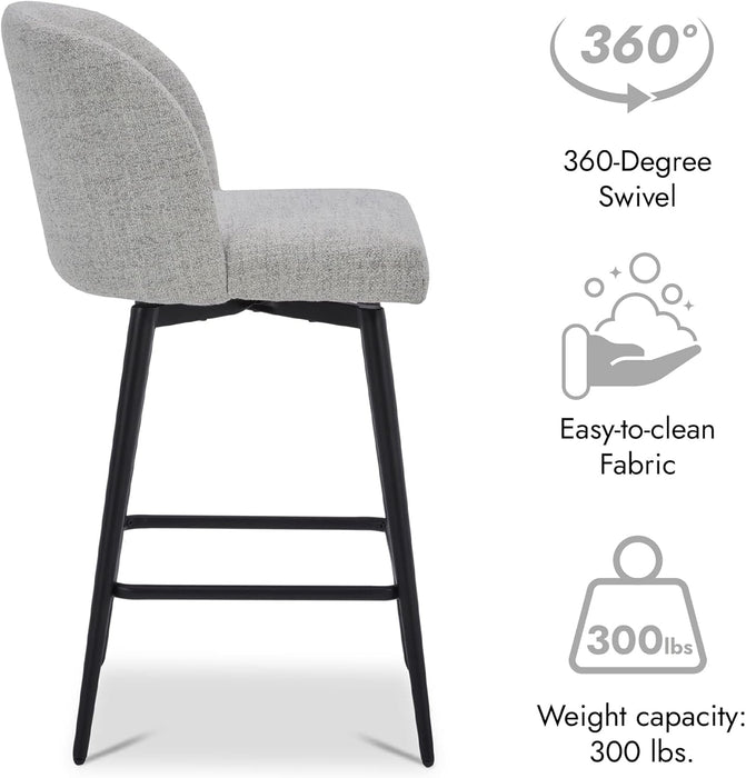 Counter Height Bar Stools Set of 3, 360° Swivel Upholstered Barstools with Backs and Metal Legs, 26" H Seat Height, Fabric in White (Multi-Colored)