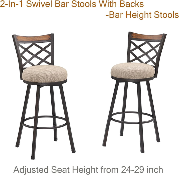 Swivel Bar Stools Set of 2, 25/30 Inch Adjustable Beige Fabric Bar Chairs with Antique Brass Frame, Mid-Century Counter Barstools with Back for Kitchen Island
