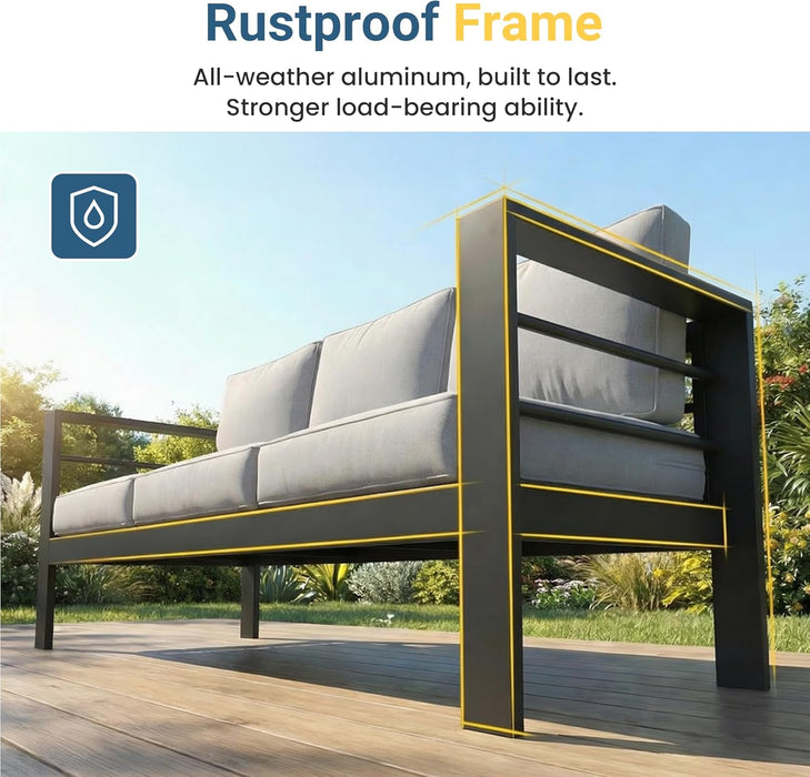 Aluminum Patio Furniture Set for All Weather, Oversized Metal Outdoor Furniture Set with 27.5" Deep Seat and 10" Back Cushion, Patio Conversation Sets with Wide Armrest, Light Gray