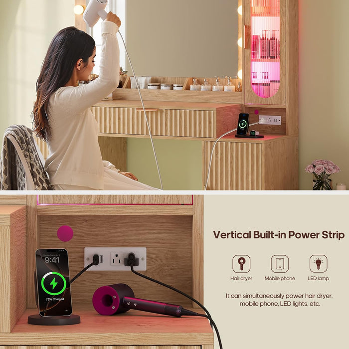 Fluted Makeup Vanity Desk with Large 31.5" Mirror and Lights, 46.1" Wood Vanity with Charging Station & RGB Lights, Dressing Table with 6 Drawers & Cabinet & Shelves, Oak