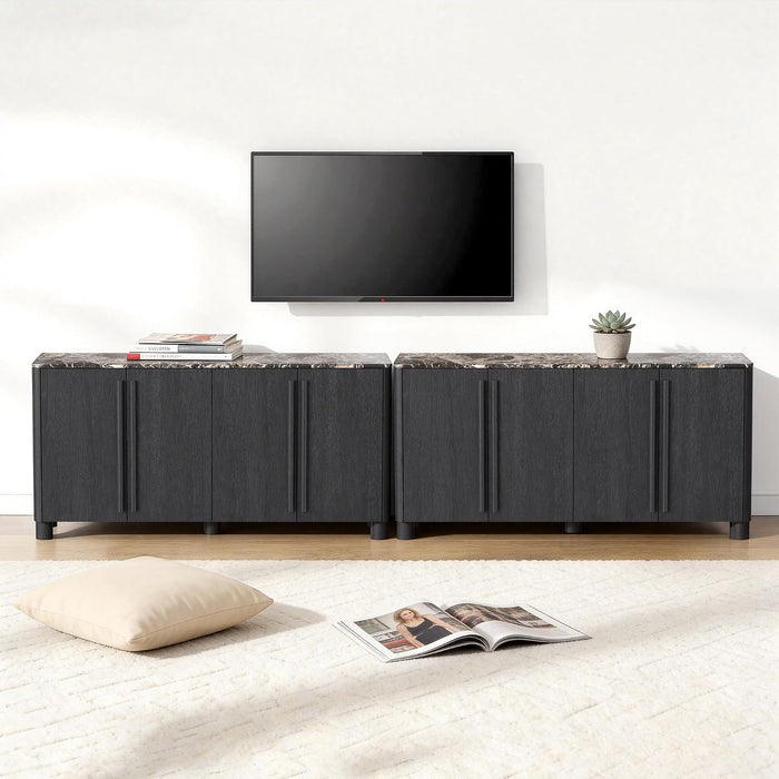 65" Sideboard Buffet Cabinet with Storage, Faux Marble Top Credenza with Adjustable Shelves, Curved Accent Cabinet with round Legs for Living Room, Entryway, Coffee Bar, Black Grey