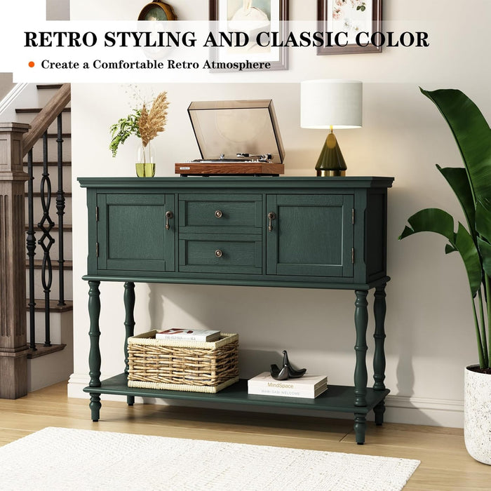 Console Table with 2 Drawers, Retro Entryway Table with 2 Door Cabinets and Open Storage Shelf, Narrow Long behind Couch Sofa Table for Living Room, Foyer, Hallway, Green
