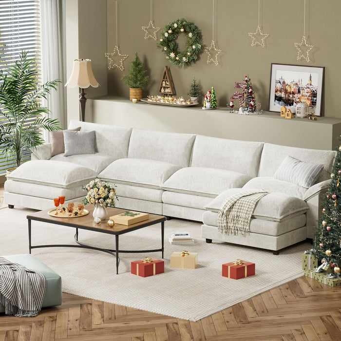 Sectional Modular Sofa U Shaped Chenille Fabric Couch with High Supportive & Soft Sponges and Removable Ottoman, Sleeper Comfy Upholstered Furniture for Living Room, White